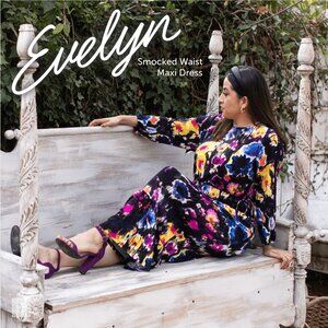 NEW NWT Tags LuLaRoe Evelyn‎ Smocked Waist Maxi Dress Long Sleeve Black Floral